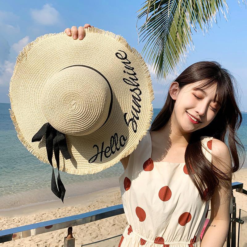 Straw Hat Women Bow Big Eaves Hat Dome Sun Protection Beach Seaside Outdoor English Letter Face Visor