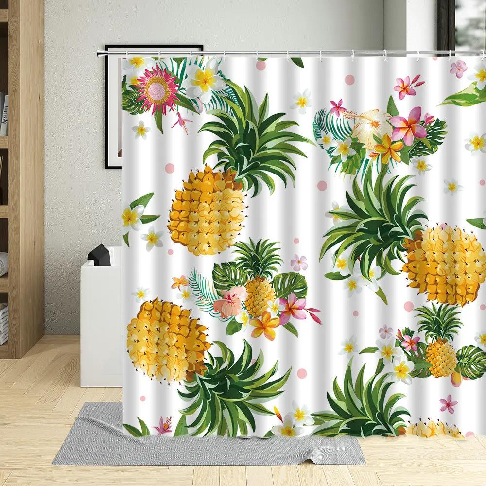Tropical Pineapple Shower Curtains Watercolor Fruit Leaves Palm Leaf Flower Plant Bath Curtain Sets Modern Fabric Bathroom Decor