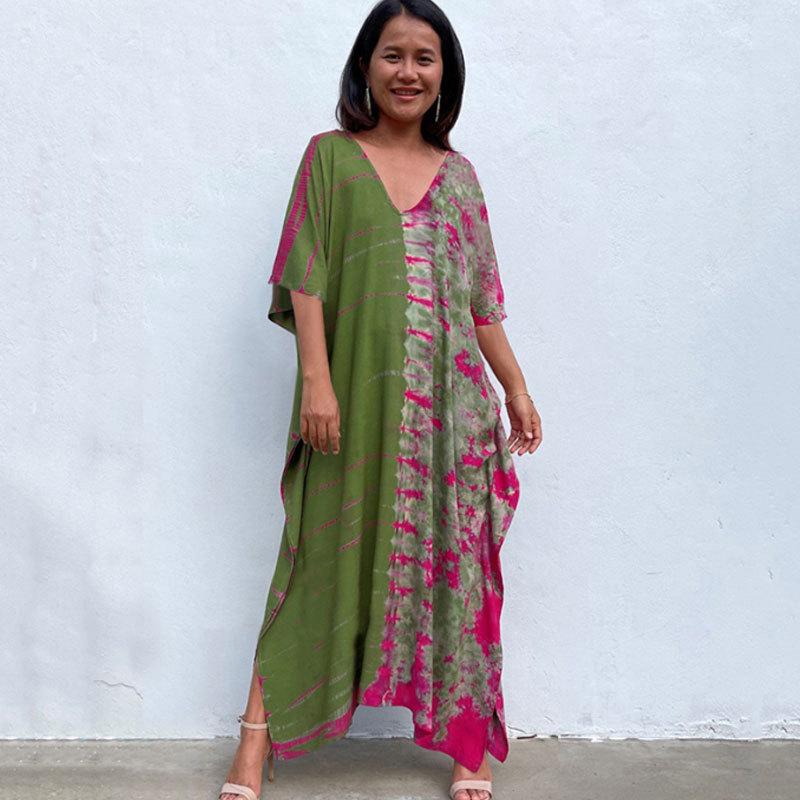 European & American Tie-dye Rayon Beach Dress: Loose, Long Seaside Vacation Robe & Bikini Cover-up with Sunscreen Shirt for Women