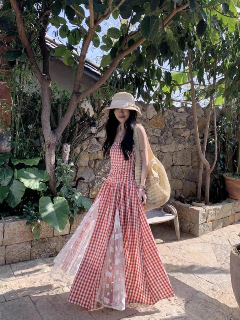 Retro Französisches Karomuster Patchwork Spitze Bandeau Kleid für Damen - Taillenbetontes Langes Kleid, Frühling/Sommer 2026 Kollektion