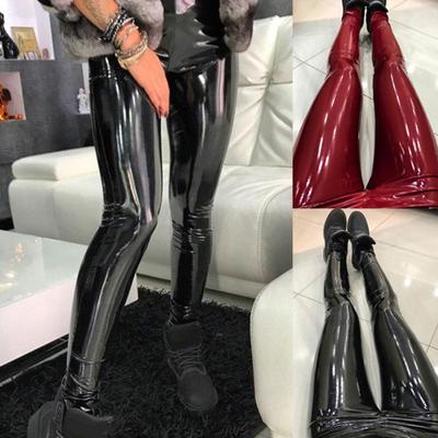 Chic Women Faux Leather Solid Color High Waist Pants Trousers Slim Fit Leggings