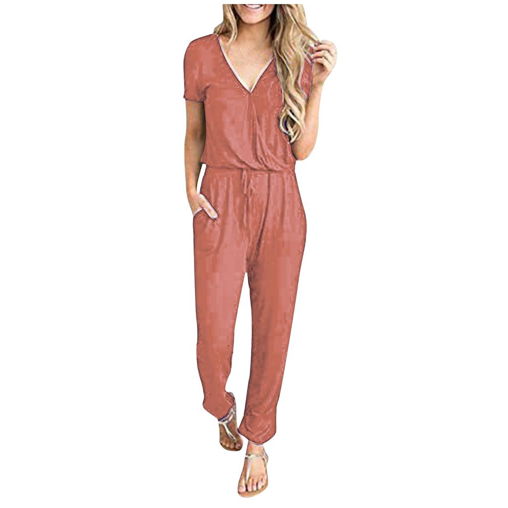 Women’s Sexy Deep V-Neck Short Sleeve Wrap Drawstring Waist Jumpsuit Romper With Pockets
