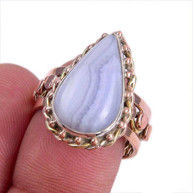 

Natural Blue Lace Agate Gemstone Two Tone 925 Sterling Silver Ring Size 8 l3U22