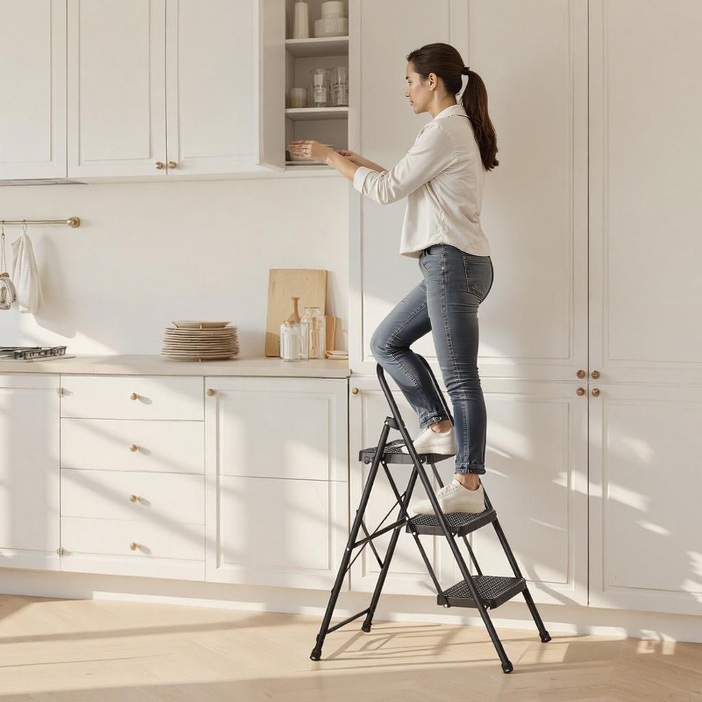 3 Step Ladder, Folding Step Stool with Wide Anti-Slip Pedal and Comfort Handgrip, Lightweight 272 kg Capacity Portable Steel Ladder, Multi-Use for
