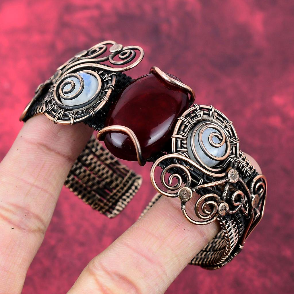 Red Fire Labradorite Bangle Copper Wire Wrapped Gemstone Cuff Bracelet Adjustable Bangle Moonstone Copper Jewelry Handmade Bangle For Gifts