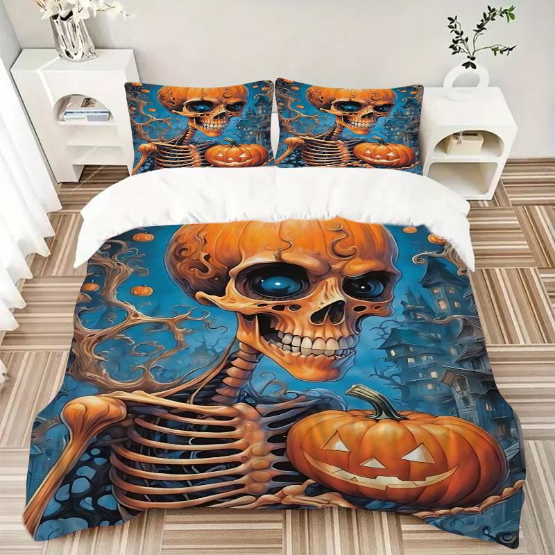 3pcs Halloween Skeleton Duvet Cover Set, Cover For Bedroom Guest Room (1 Duvet Cover + 2 Pillowcase, Without Quilt),  yy250922144