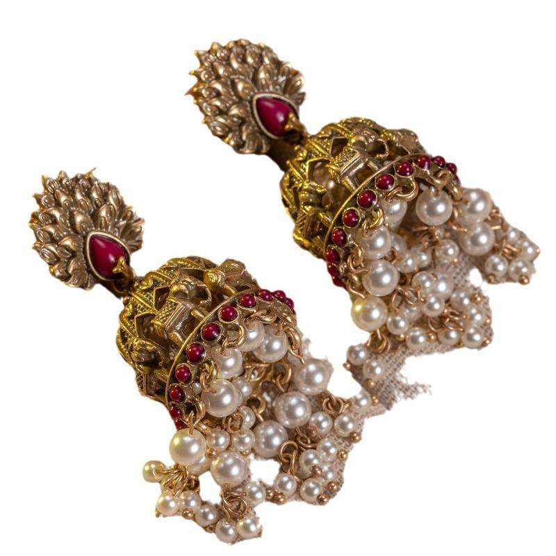 Medieval Earrings High-end Court Style Birdcage Pearl Fringed Earrings Female Retro Personality Silver Needle Light Luxury Fashion Stud Earrings