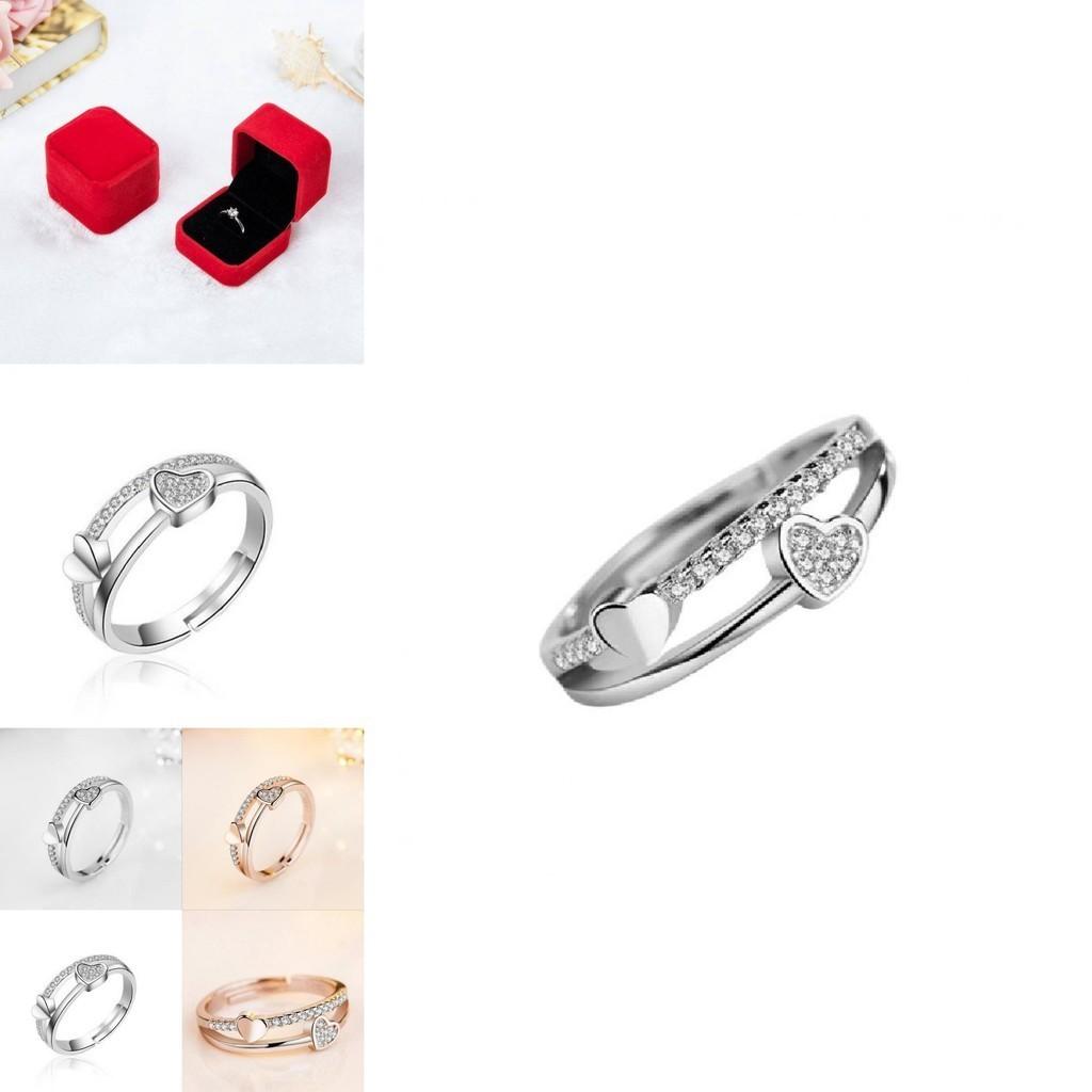 Three Jie Heart Shaped Diamond Inlaid Adjustable Opening Ring Wholesale Silver Jewelry