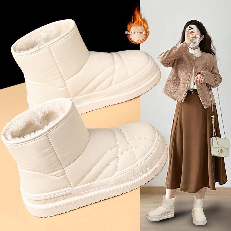Women's Mid-Calf Thick-Soled Beige Snow Boots - Non-Slip, Cold-Proof, Warm, Plus Velvet.