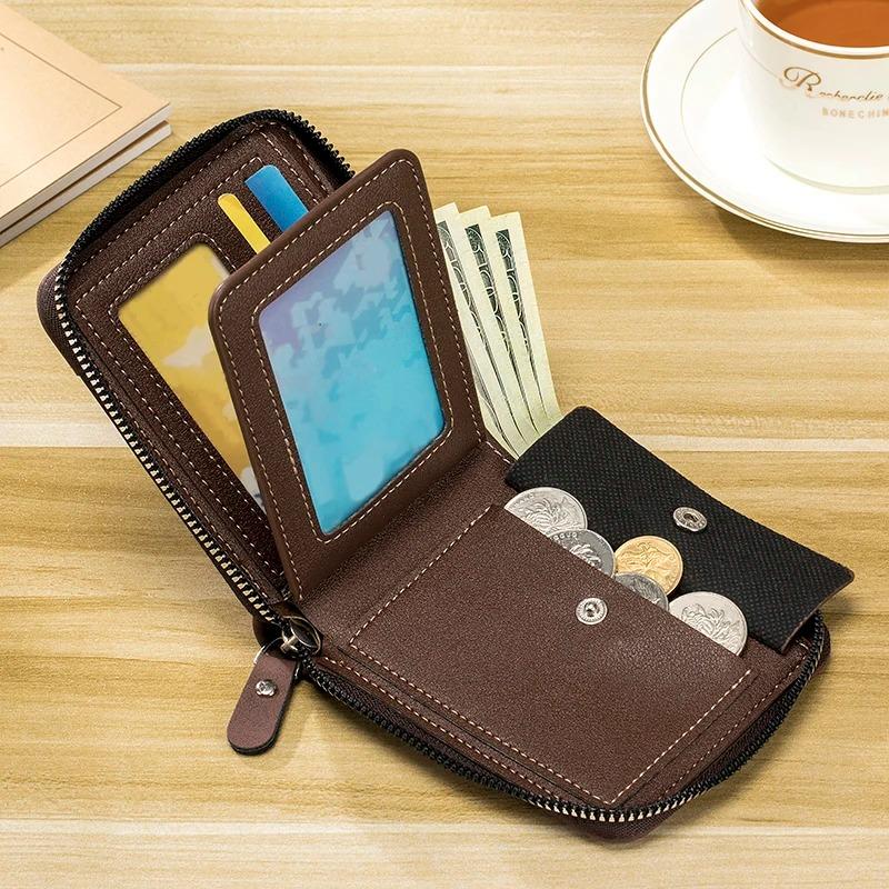 Men's Large Capacity Short Wallet Fashion Retro Trifold Zipper Multi-Card Holder with Chain Accessory