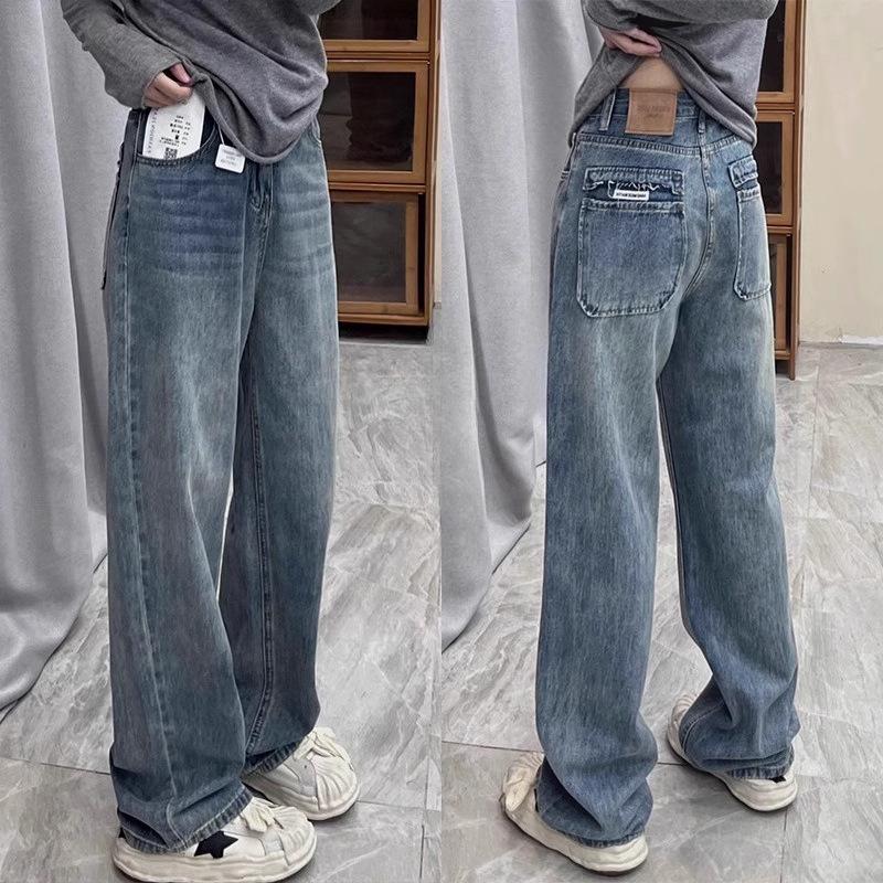 

Женские ретро синие джинсы с высокой посадкой и широкими штанинами для осени/зимы - Большие размеры, стройнящие брюки прямого кроя для фигуры груша S