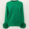 OFTBUY Winter Women Sweater Knitted Real Fox Fur Cuff Round Neck Loose Knit Mid-length Woolen Blends