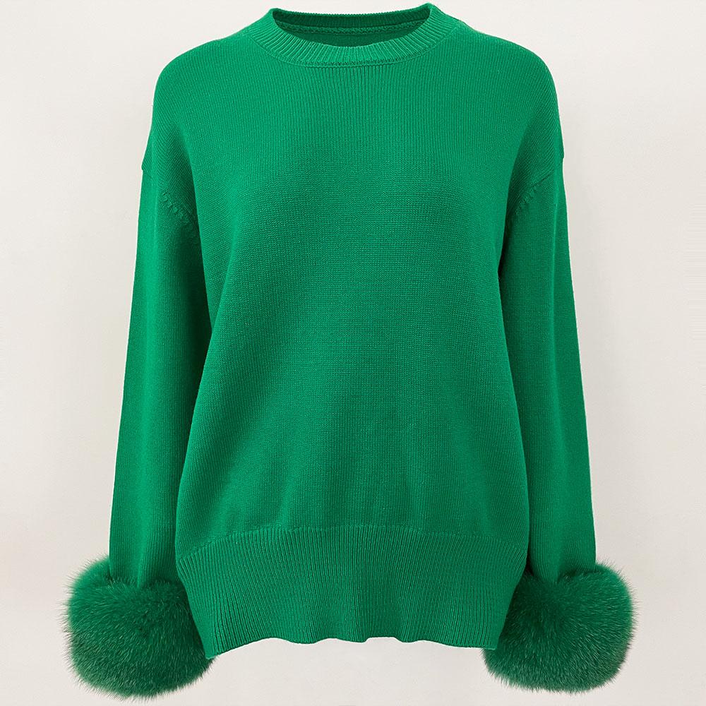 OFTBUY Winter Women Sweater Knitted Real Fox Fur Cuff Round Neck Loose Knit Mid-length Woolen Blends