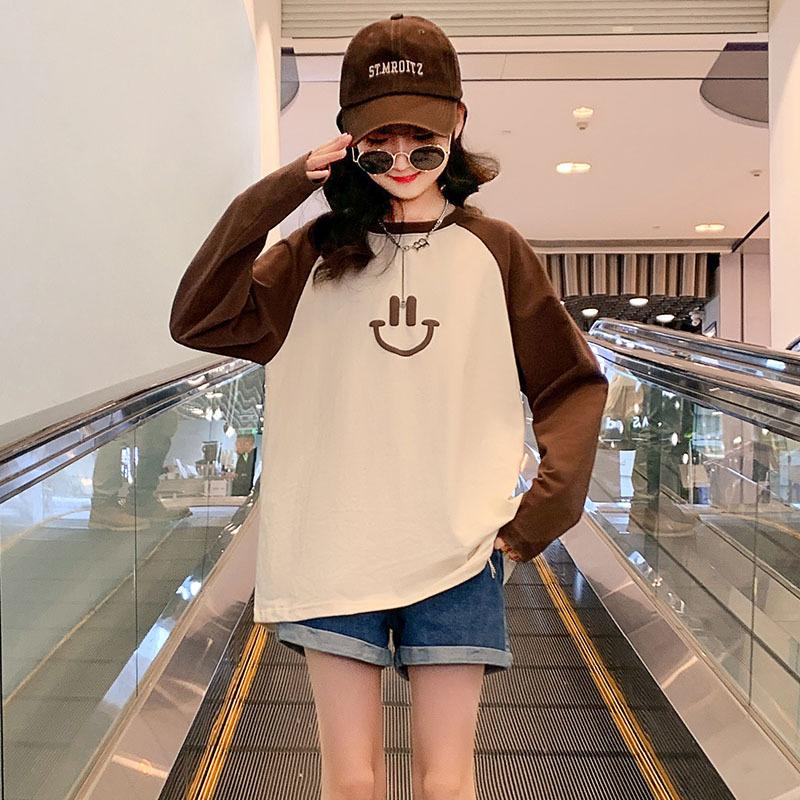 

Детская коричневая рубашка с длинными рукавами и принтом улыбающегося лица, футболка, детская футболка для детей старше 3 лет