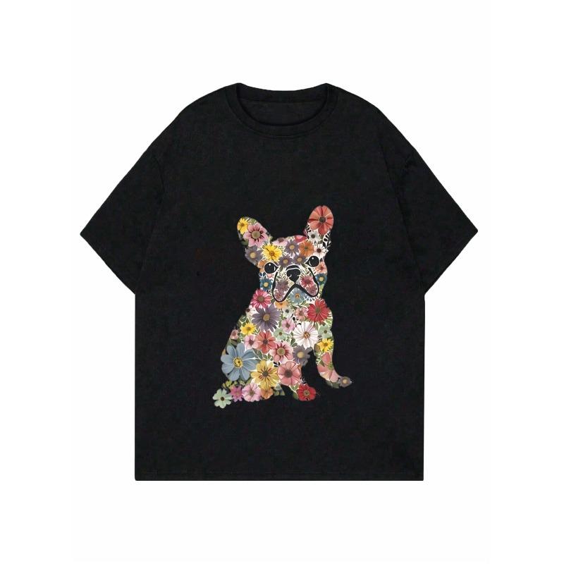 Casual Loose T Shirt Black French Bulldog Floral Print Women Summer Top Streetwear Fashion Graphic Tee