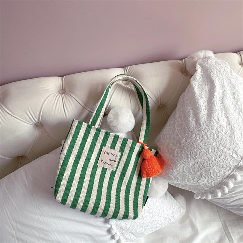 Fashionable Striped Children s Tote Bag With Trendy Tassels For Boys And Girls зелёный