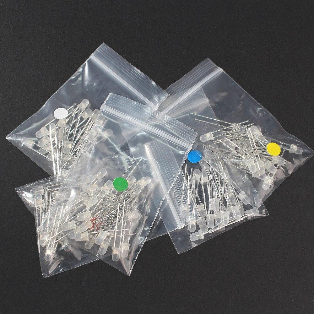 100 Stück F3-Diode, Rot, Gelb, Blau, Grün, Weiß, Nebelglühen, 3 mm, LED-Sortiment-Set, DIY-Elektronikkomponenten, 5 Farben, LED-Leuchtdioden