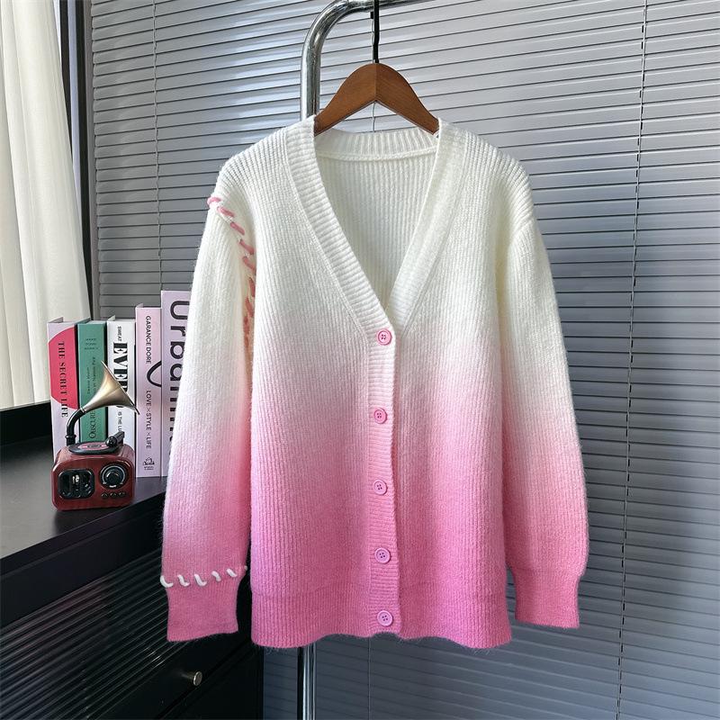 

Корейский стиль 2024 Шикарный вязаный кардиган с градиентом и V-образным вырезом для женщин One Size розовый