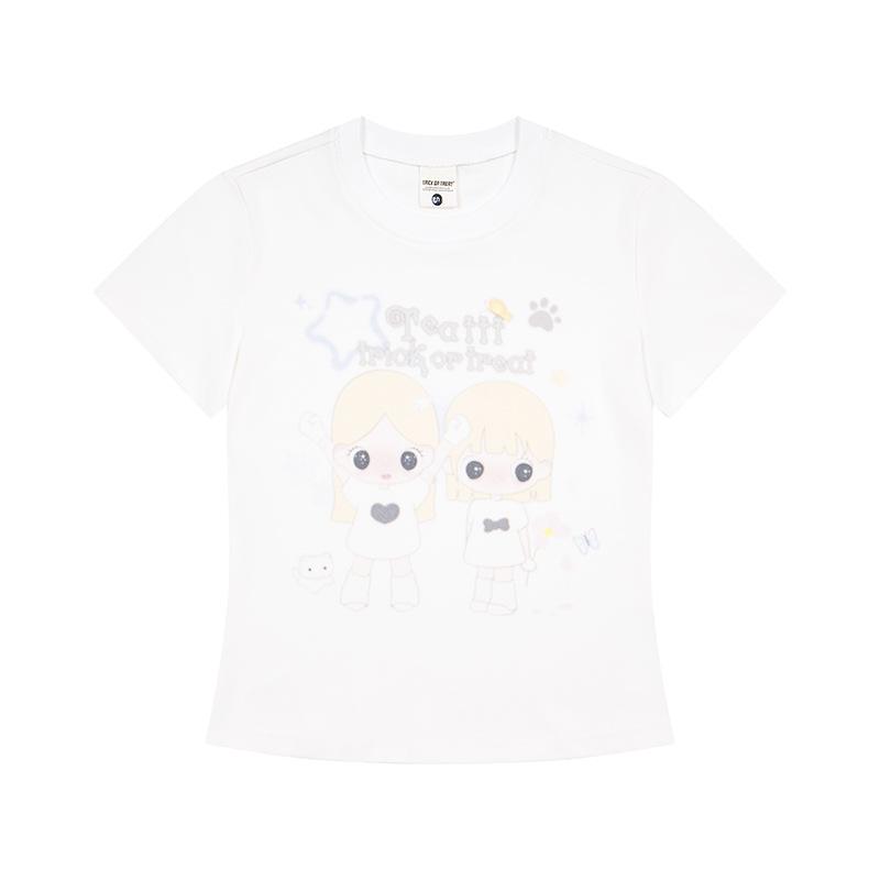 Korean girl print flower sweet hot girl short-sleeved t-shirt women s summer slim and thin shoulder casual versatile short top S белый