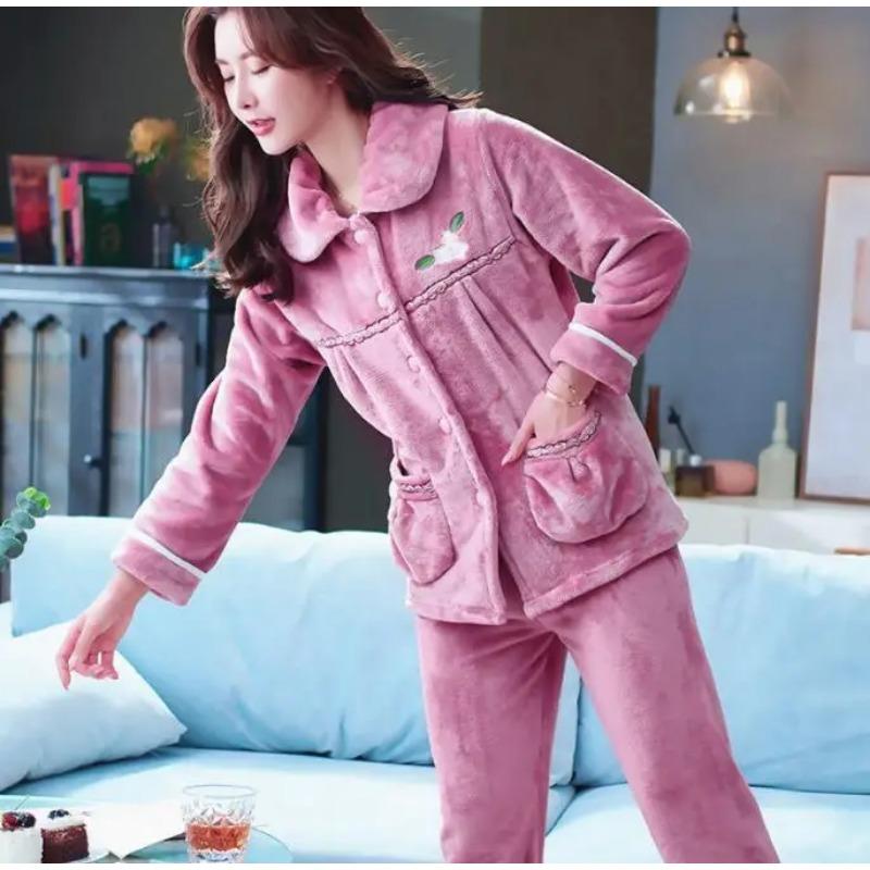 Thick Autumn Winter Warm Flannel Women Pyjamas Sets Long Sleeve Pijama Sleepwear Flannel Women Pajamas Set Home Wear
