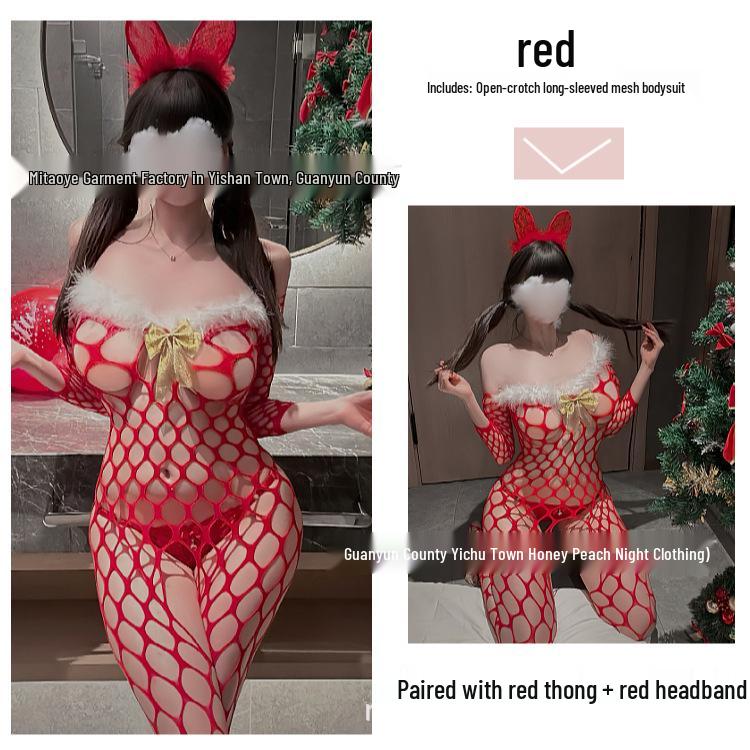 Christmas & New Year See-Through Gold Bow Fishnet Bodystocking with Open Crotch