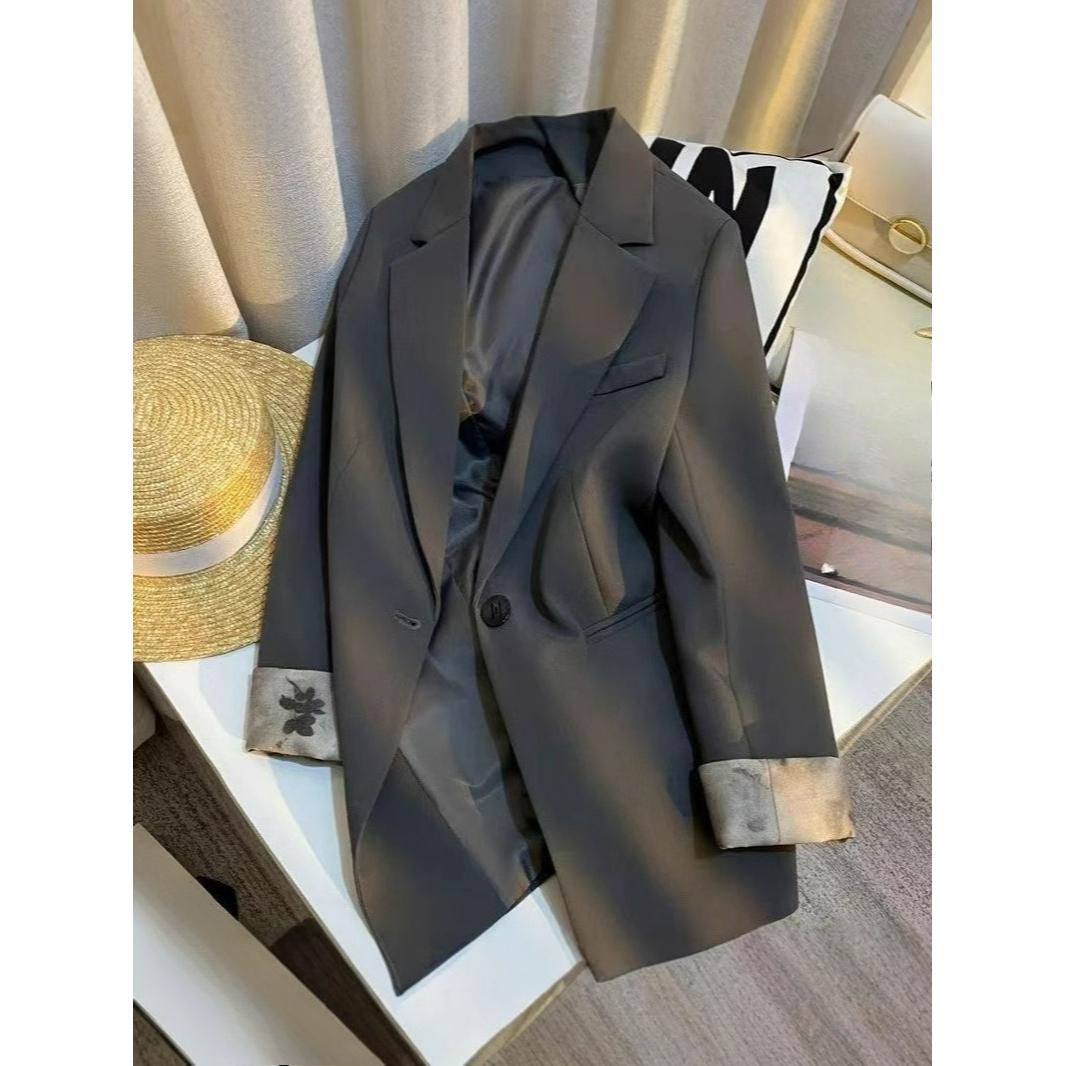 

Gray Suit Jacket Women s Spring and Autumn Cuffs National Style Printing Design Temperament Small Suit 2XL сірий
