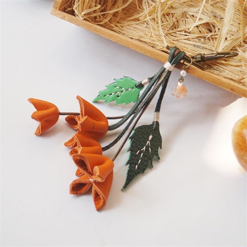 Handmade Genuine Leather Keychain with Flowers and Leaves, Bag Accessory