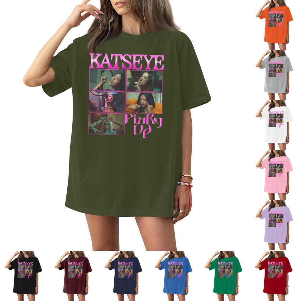 Damski casualowy modny top T-shirt z okrągłym dekoltem, krótkim rękawem i casualowym nadrukiem