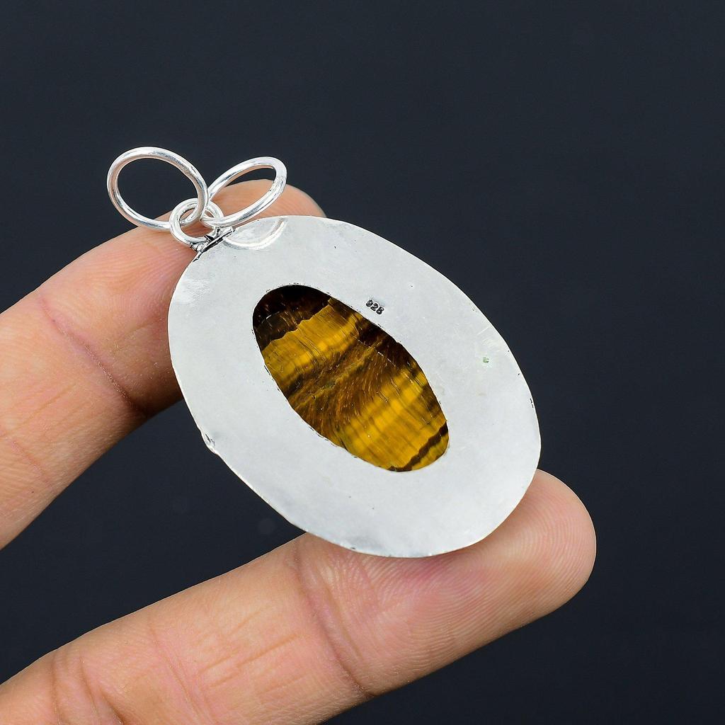 925 Sterling Silver Oval Tiger Eye Stone Daughter Anniversary Bezel Boho Pendant