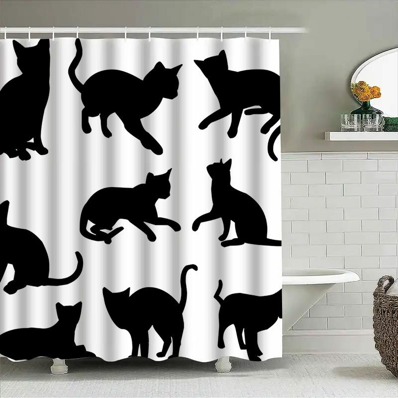 Animal Print Shower Curtains Set Polyester Waterproof Black Cats Silhouette Bathroom Decor Customizable Lengths