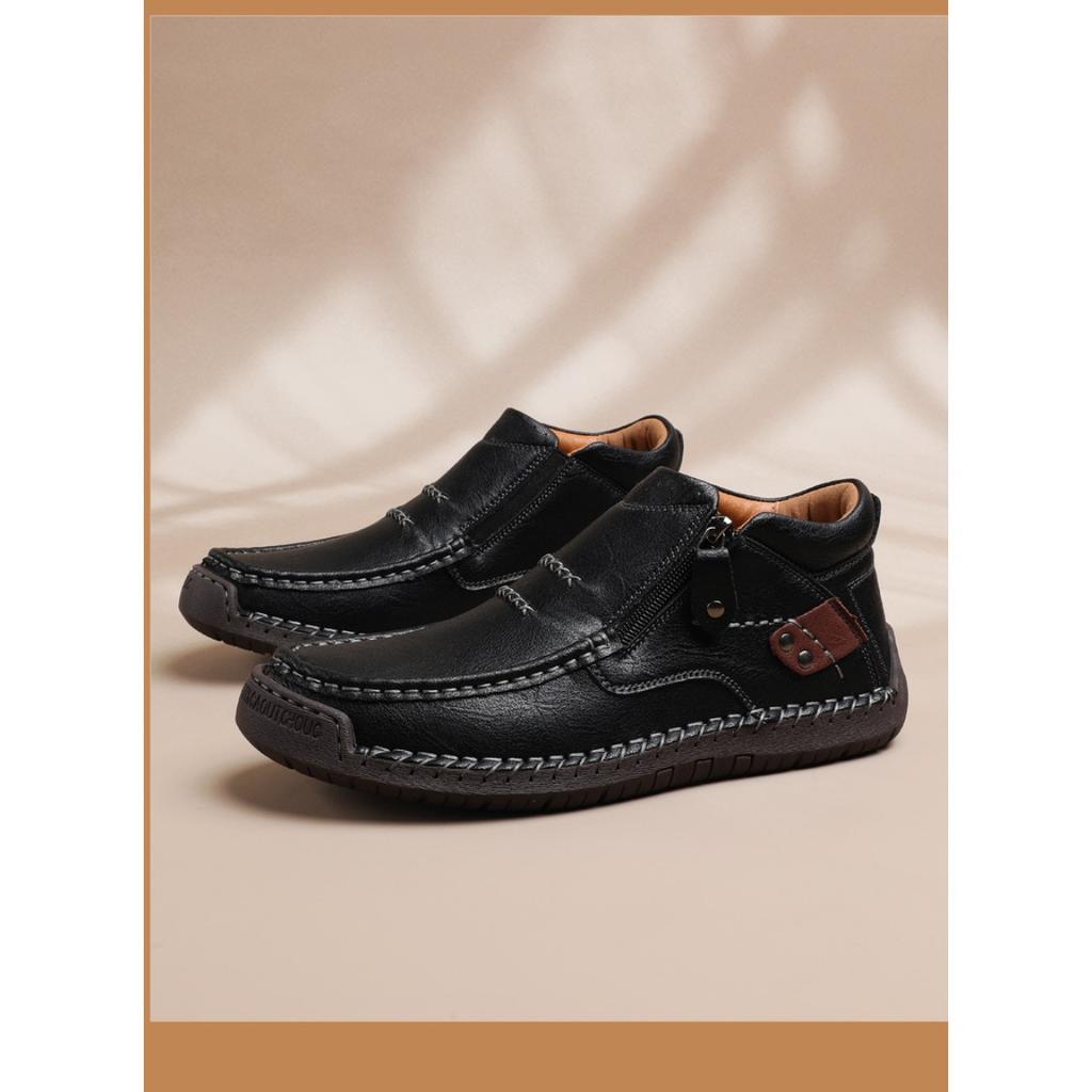 Oversized Men's Outdoor Casual Shoes, Flat Bottomed Handmade Stitched Leather Shoes, High Top Oversized Shoes, Boots