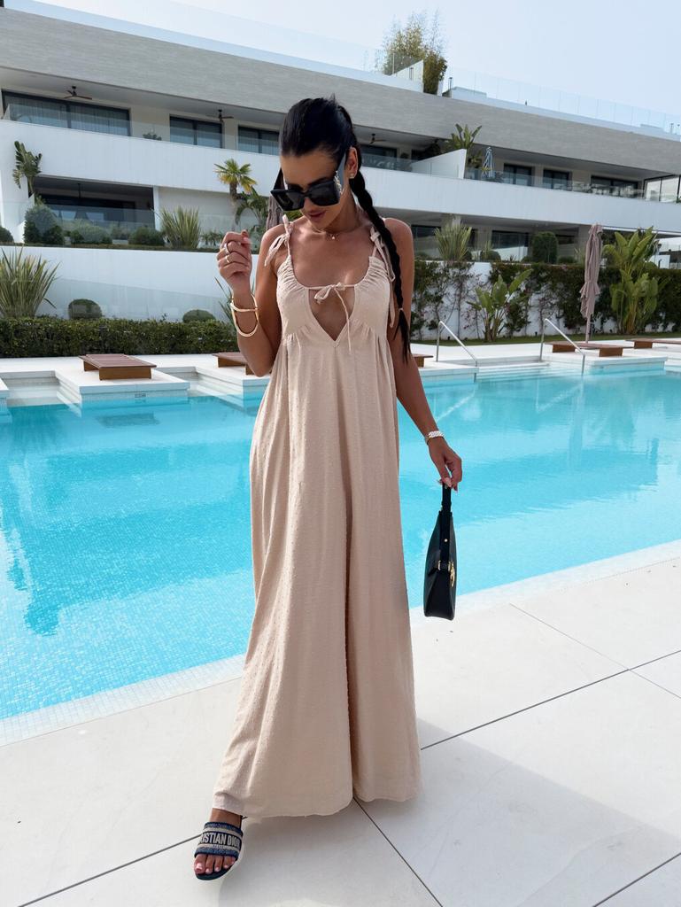 European and American Women's Summer New Dress Solid Color Jacquard Suspender, Deep V Sexy Loose Long Dress Women