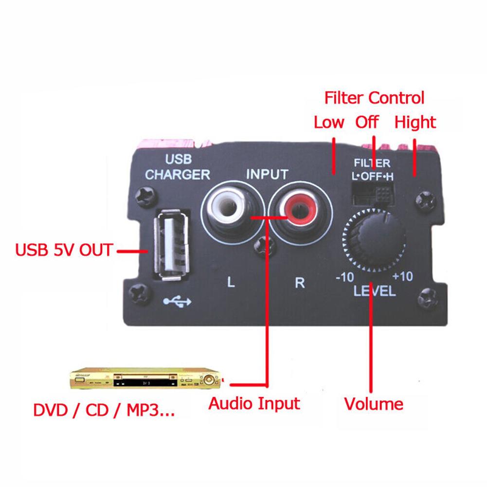 1set Car 12V 500W 2 Channels Mini Hi-Fi Stereo Audio Amp Subwoofer Aluminum Alloy Red L/R Speaker Power LED Indicator