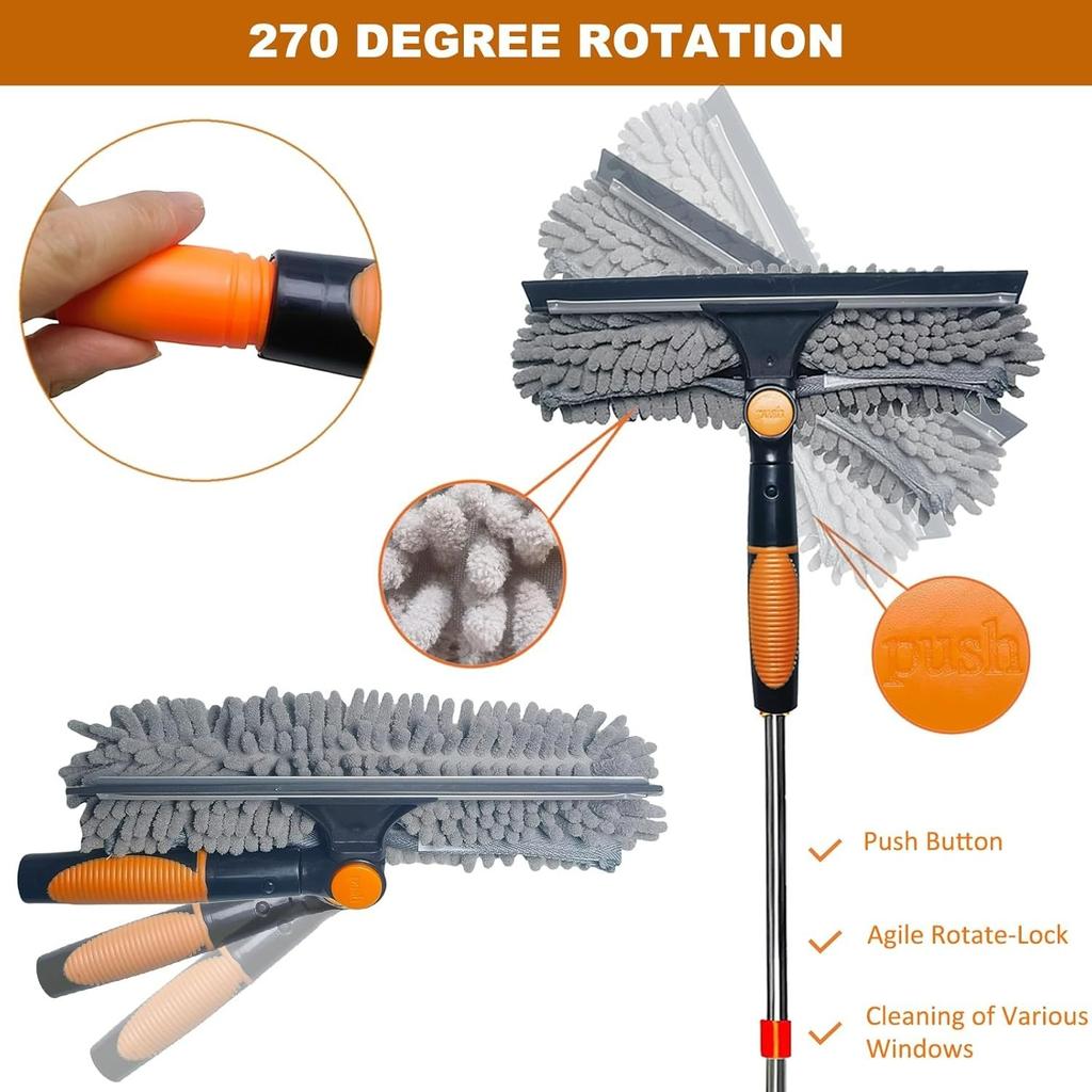 2-in-1 Window Cleaner with Squeegee and Duster, Over 6m Reach - Rotating Tool with 0.9-4.2m Telescopic Pole, for Windows and Car Glass