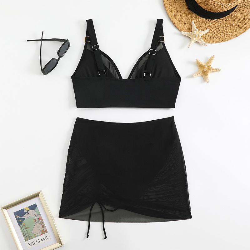 New Summer Women's Bikini Three Piece Swimsuit Sexy Mesh Drawstring Women's Split Swimsuit