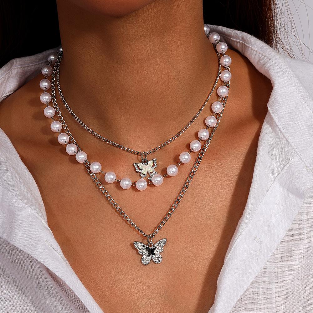 Elegant Multilayer Pearls Beaded Choker Necklace for Women Butterfly Pendant Necklace Girls Party Jewelry Gifts