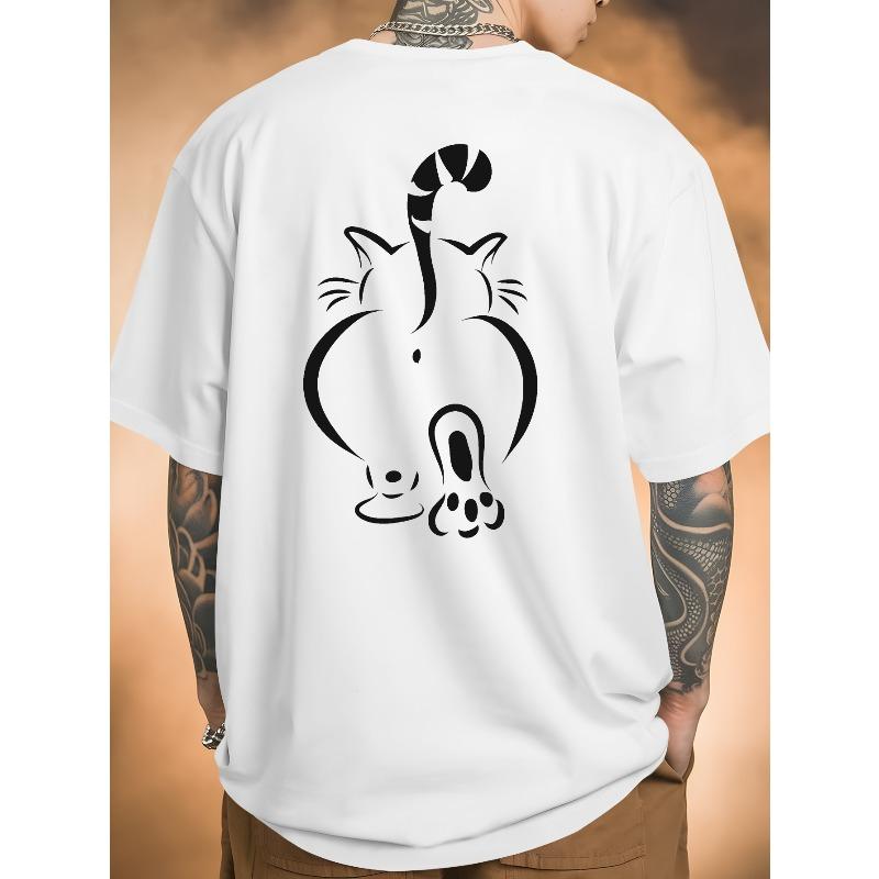 European Size Men's Bright Yellow Cat Back Print T-Shirt - Playful Geometric Design, Breathable Short Sleeve Crew Neck Summer Top for Beach Vacation =