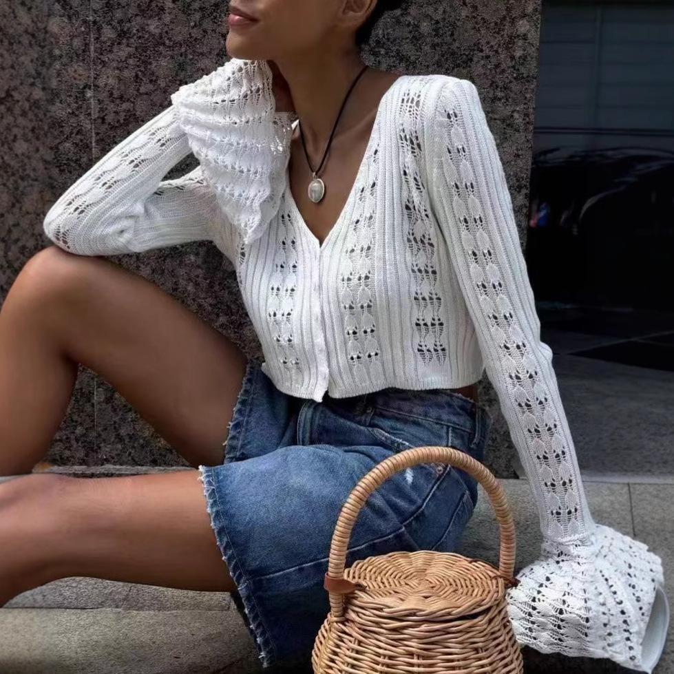 Knitted Cardigan Women's Solid V-neck Hollow Short Knitted Blouse Fashion Casual Loose Commuter Women's T-shirt