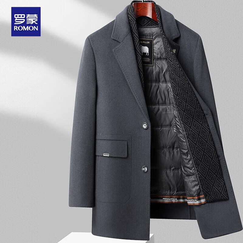 ROMON Men's Wool Double-Sided Mid-Length Coat with Detachable Goose Down Vest