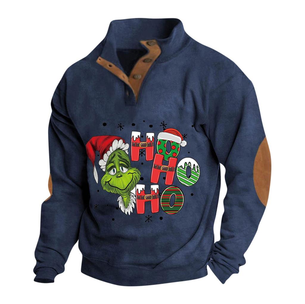Men's Casual Fashion Christmas Printed Hoodless Sweatshirt Wide Men's Loose Button Stand Collar Hooded Sweatshirt