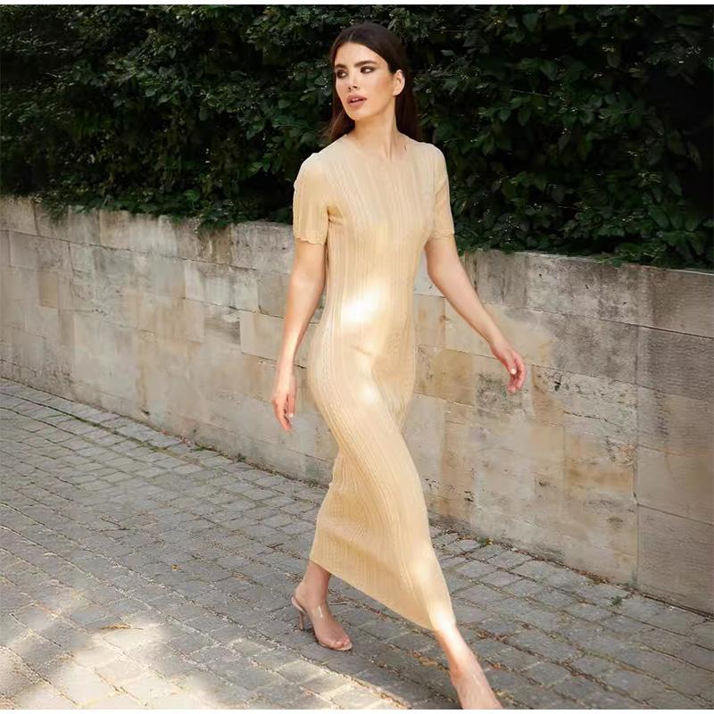 Elegante Faden Strick Solide Kleid Frauen Schlank O-Ausschnitt Kurzarm Hüfte Paket Weibliche Lange Kleider Sommer Dame Chic Robe
