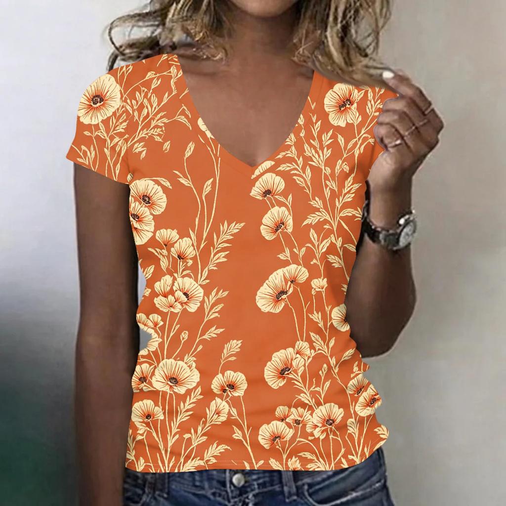 Women V Neck Short Sleeve T Shirt Floral Print Casual Loose Fit Lightweight Summer Top for Daily Wear Work Travel