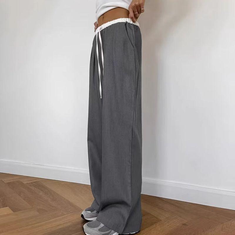 Western Style New Contrast Color Trousers Drawstring High Waist Straight Casual Pants Drawstring Casual Pants