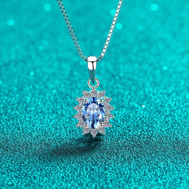 Sterling Box Chain Necklace Women With Blue Moissanite Oval Pendant Vintage Minimalist Jewelry 925 Sterling Silver