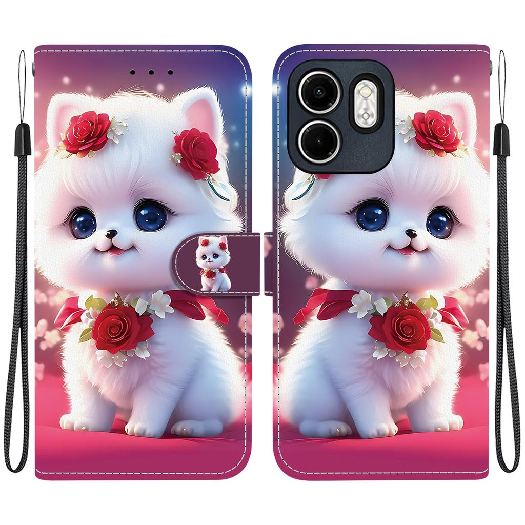 Handmade PU Leather Flip Case for Infinix Smart 9 (X6532) Anti-Slip Shockproof Cover with Wrist Strap & Heart/Rose Cat Designs