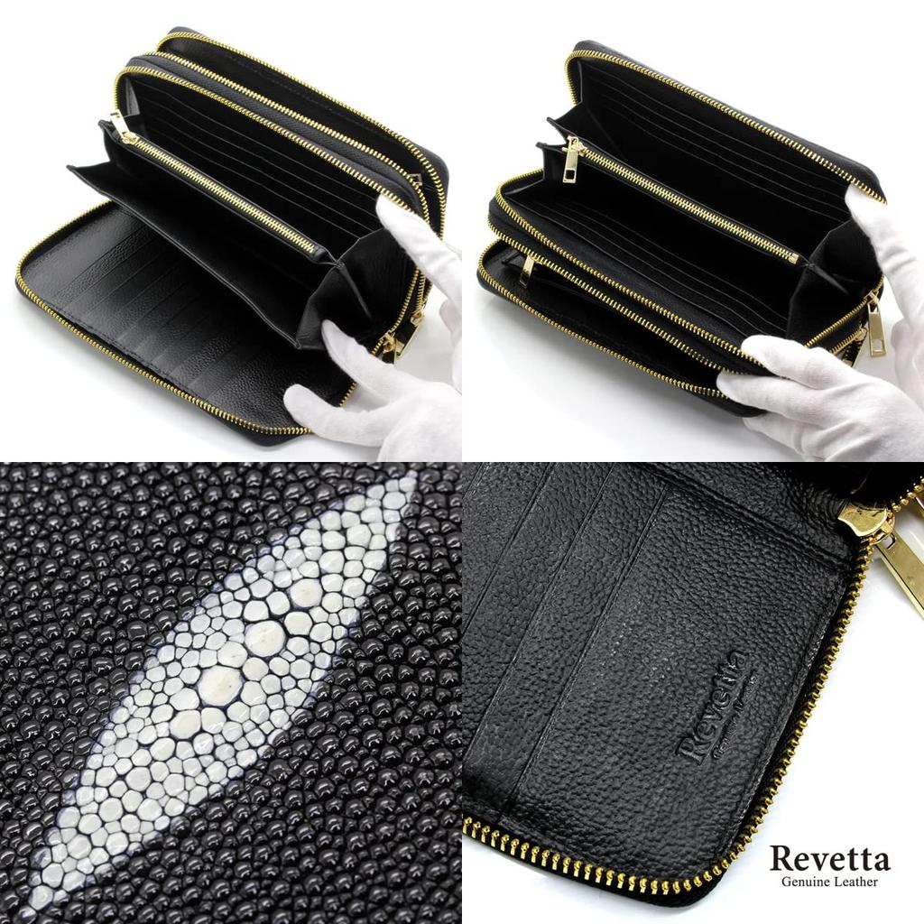 [Revetta] Stingray Leather Long Wallet, Galuchat, Large Capacity, 40 Card Slots, Black, Double Round Zipper, Men's Genuine Leather [191stw-2-a]
