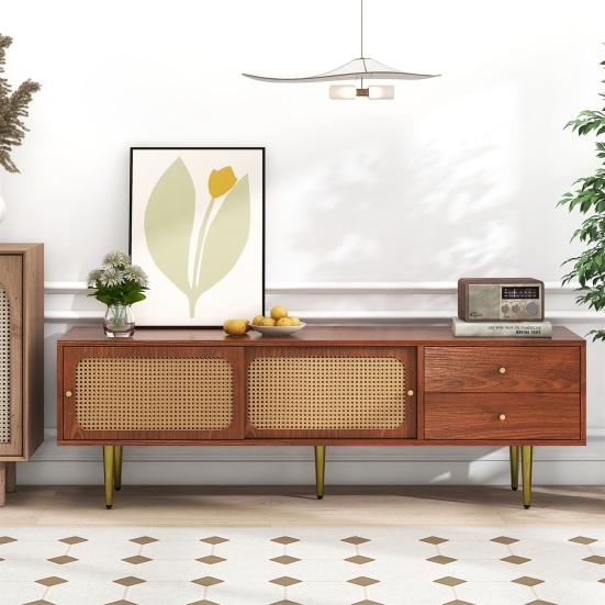 Living Room TV Stand Spacious Countertop Cabinet with 2 Drawers Two Rattan Bedroom Media Console Sliding Doors Metal Legs Furniture
