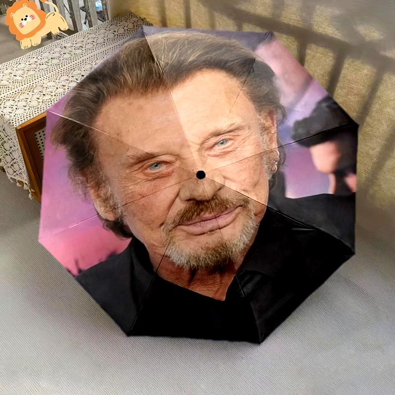 1pc Johnny Hallyday Pattern Umbrella Portable Folding Umbrella Iron Frame Hole Bone Structure Outdoor Home Umbrella