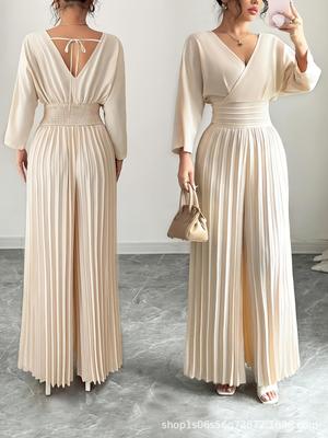 2025 V-Ausschnitt Hohe Taille Einfarbig Plissierter Jumpsuit