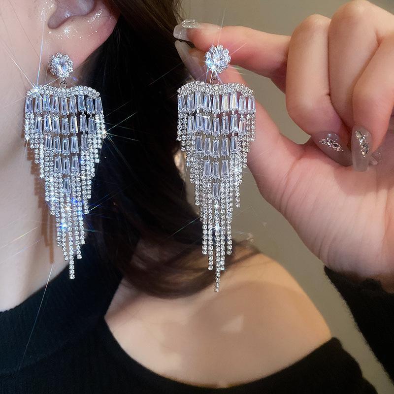 Diamond Inlaid Tassel Earrings - Silver Needle, High-End Court Style
